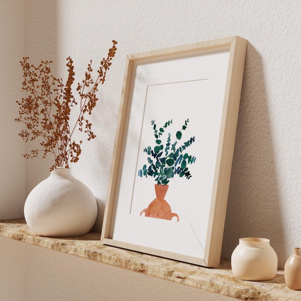 fairy floss design eucalyptus in terracotta pot watercolour print